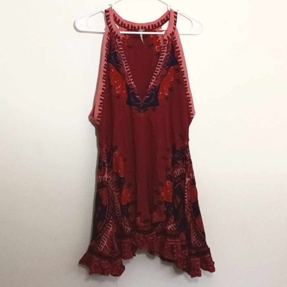 Free People Red Burgundy Bohemian Mini Dress Deep V-neck Size Large